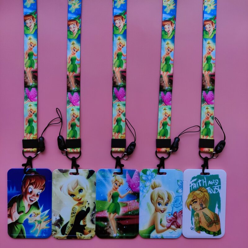 Disney-portatarjetas de identificación Tinker Bell para mujer, correa para el cuello, funda para tarjeta de crédito, soporte para insignia para niñas, Clip retráctil