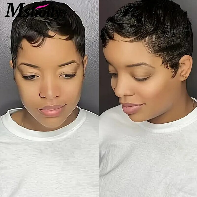 Peruca de cabelo humano Remy brasileira sem cola para mulheres negras, perucas Pixie Cut, peruca curta pré-arrancada, barata, feita por máquina completa