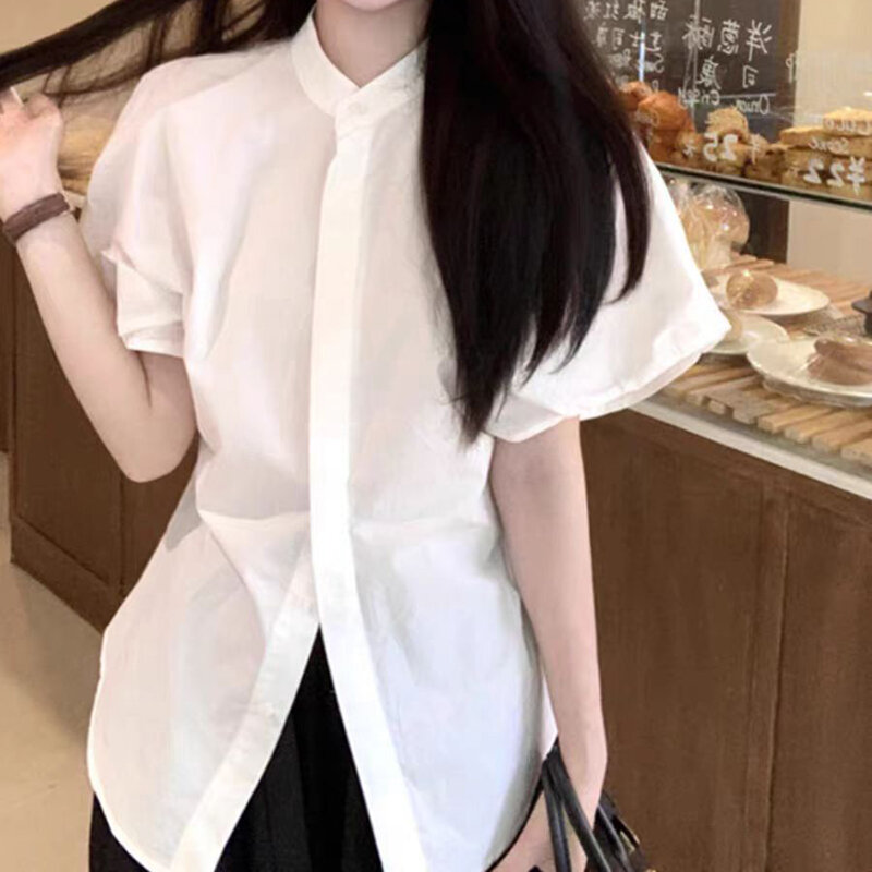 Gidyq 100% Cotton White Shirt Women French Elegant Puff Sleeve Slim Fit Shirt Summer Fashion Sweet Preppy Style Solid Ladies Top