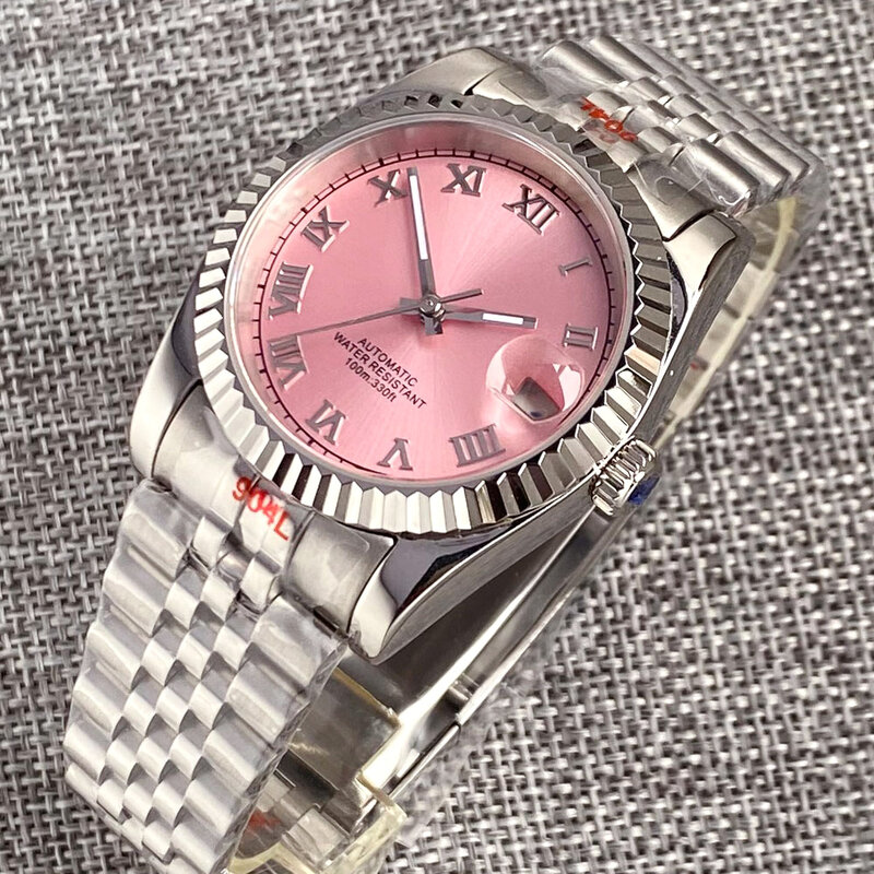 Новые изогнутые механические часы, мужские наручные часы с алмазным индексом 36 мм 39 мм, сапфировое стекло, розовая Дамская стеклянная задняя панель