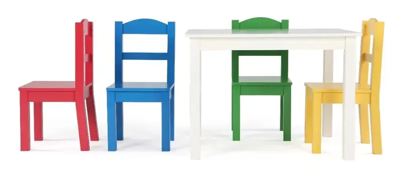 Коллекционный детский деревянный стол и набор из 4 стульев, белый и основной