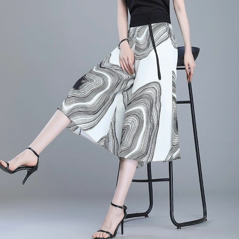 Letnie damskie geometryczne spodnie z szerokimi nogawkami koreańskie modne wzory Capris Oversized elastyczny, wysoki spodnie lodowy jedwab w talii
