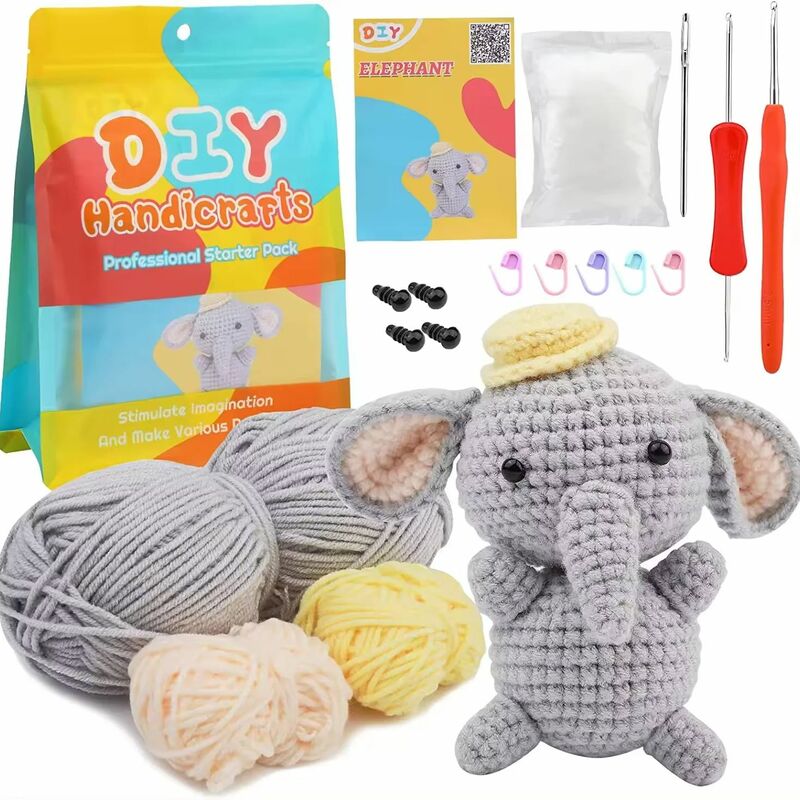 DIY Elefante Em Forma De Crochet Kit, Iniciante com Tubo, Fácil de Fazer, Fácil de Pose Fios, Conjunto de animais Crochet