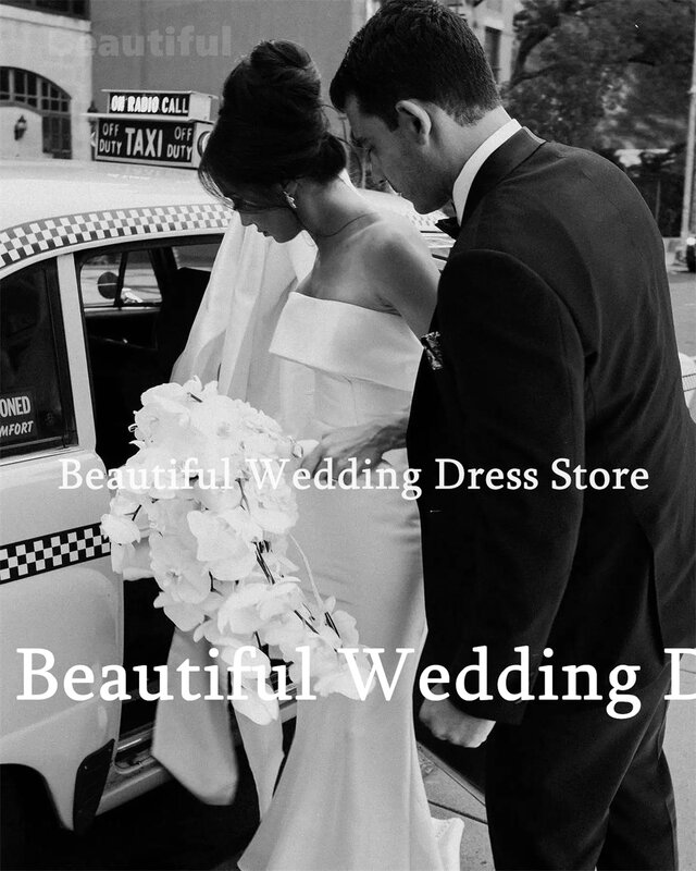 Gaun pernikahan putih tanpa jejak untuk wanita gaun pengantin panjang lantai Satin murni polos model A-Line kereta api lepas pasang