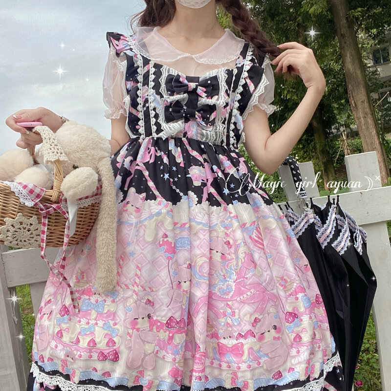 Japanese Sweet Cute Jsk Lolita Dress Women Vintage Victorian Gothic Cartoon Tea Party Bow Lace Princess Kawaii Sleeveless Dress