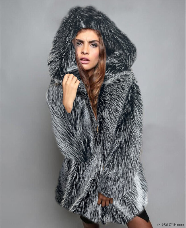 Cappotto di pelliccia con cappuccio in pelliccia di volpe sintetica moda invernale giacca calda allentata di media lunghezza da donna cappotto allentato caldo per donna