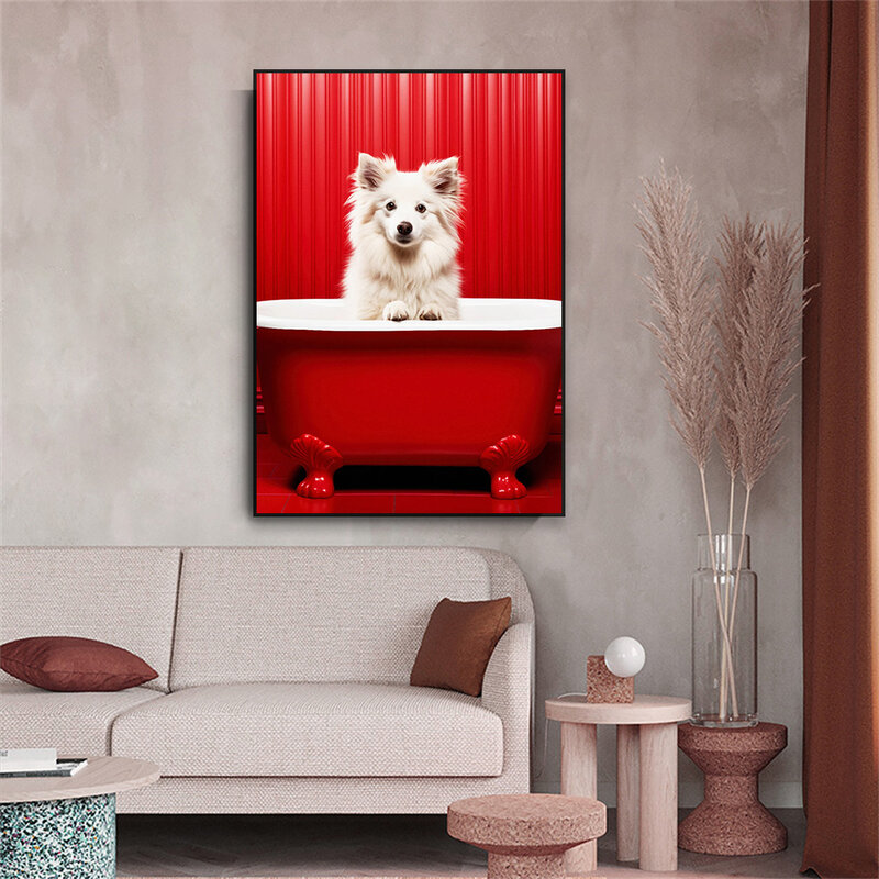Красный цвет, забавные животные, постер, милая собака, ванная комната, холст, живопись, мыльная ванна, принты, настенное искусство, ванной, туалета, Настенный декор
