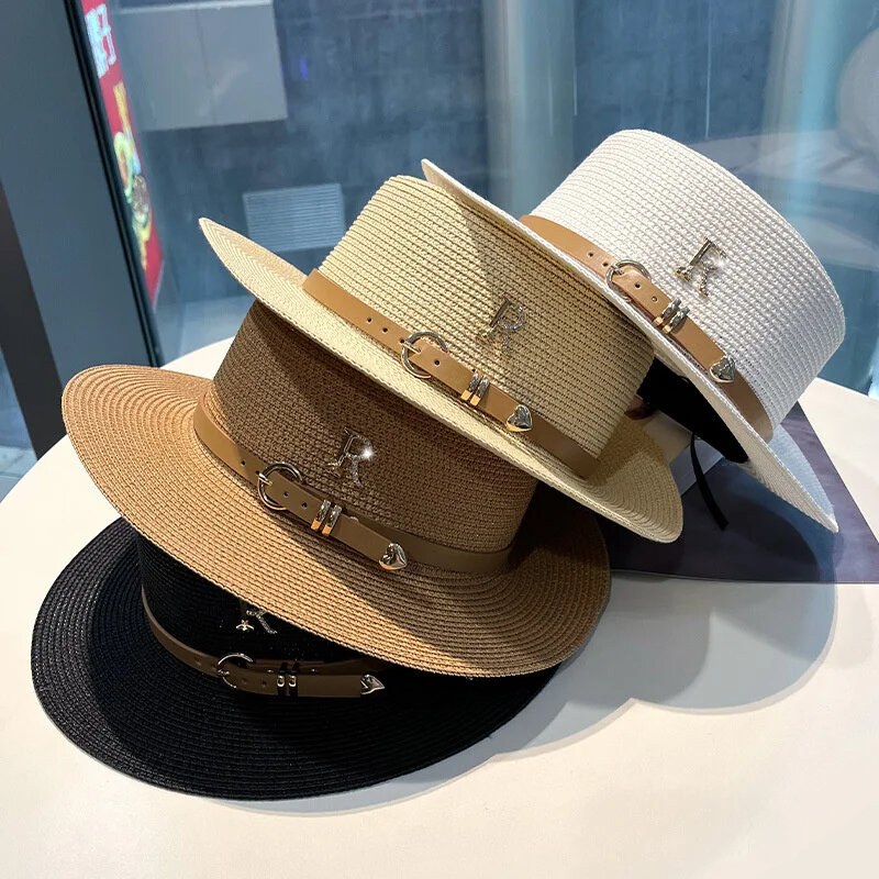Summer Sun Hat Flat Top Straw Hats for Women New Metal R Letter Fashionable Beach Sun Hat Females Travel Holidays Boater Hat