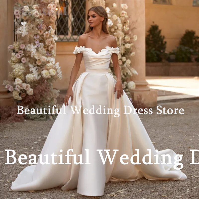 Женское свадебное платье с юбкой годе, белое платье со съемным шлейфом и цветочной аппликацией, платье для вечеринки