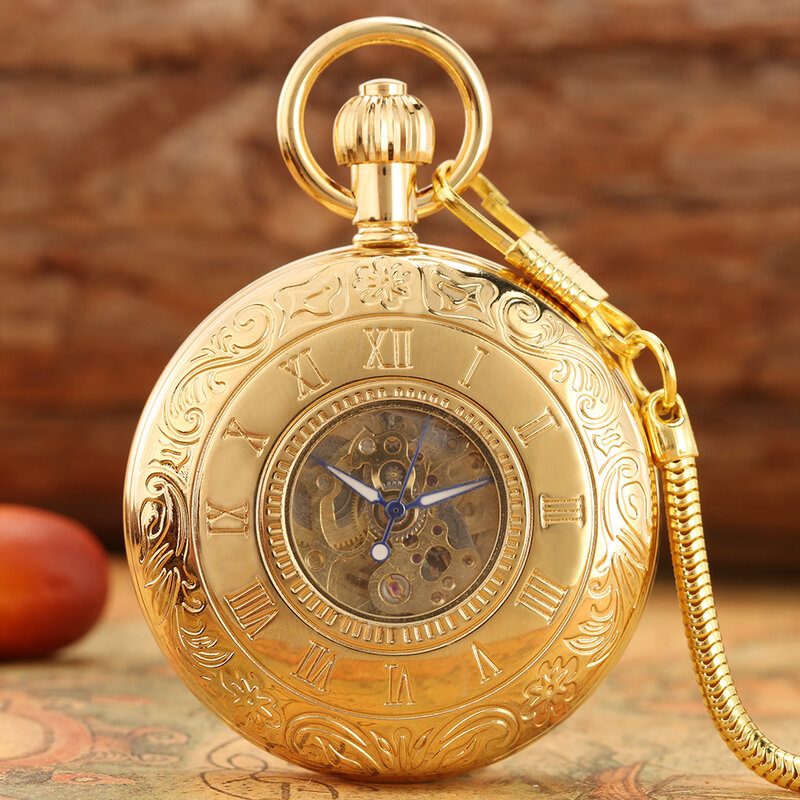 Reloj de bolsillo dorado con cubierta de cobre con números romanos para mujer, reloj colgante automático mecánico clásico con números árabes, regalos