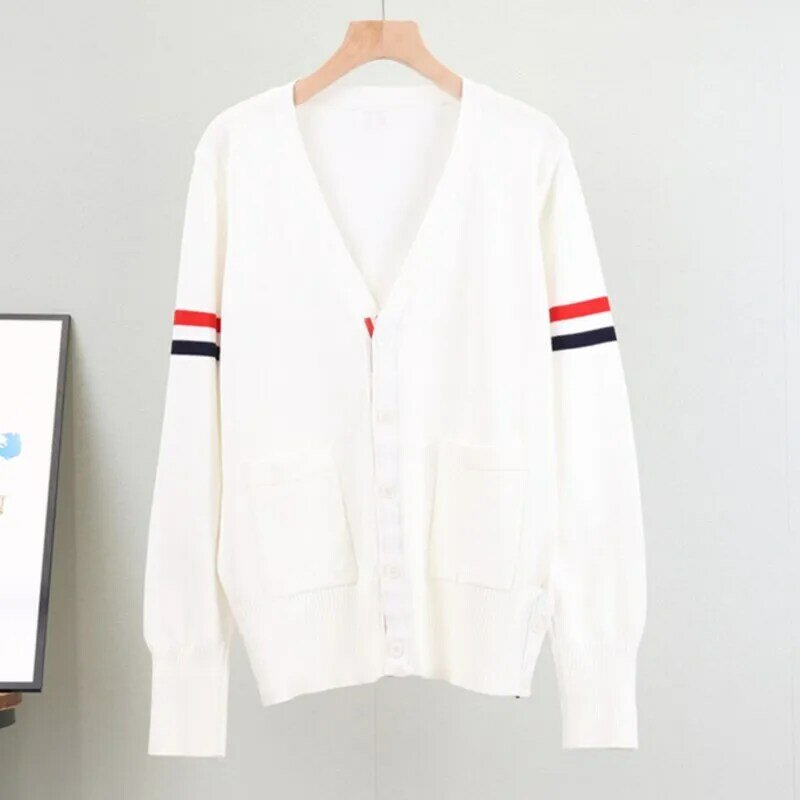 Spring Autumn Long Sleeve Women's Knitted Jacket New Arrival Fashionable V-neck Cardigan Contrast Color Striped Thin Jacket Top