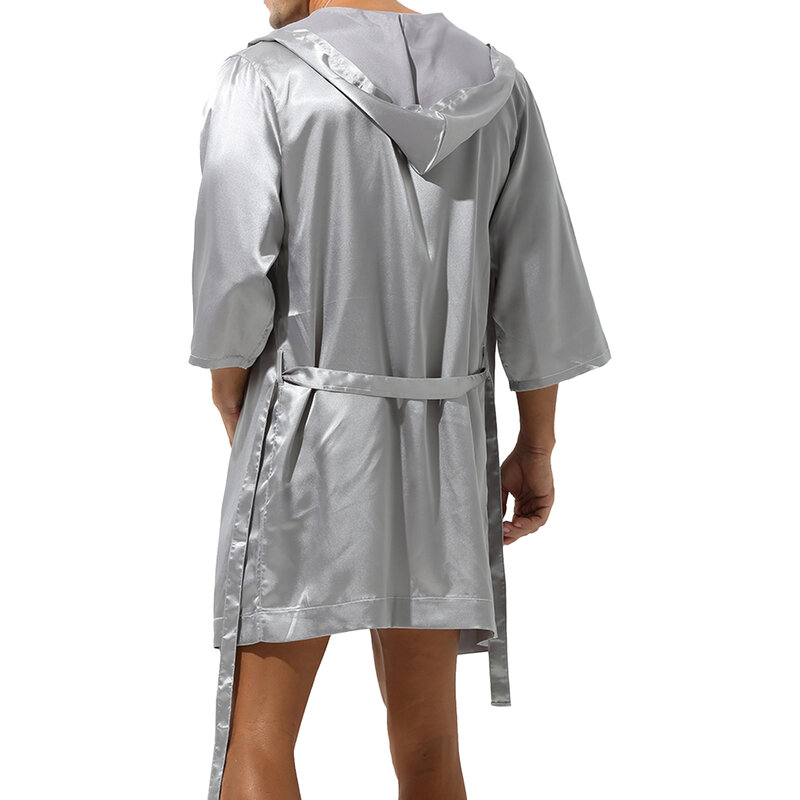 Mens Half Sleeve Sleepwear Set Hooded Open Front Belted Bathrobe with Elastic Waistband Shorts for Nightwear Loungewear