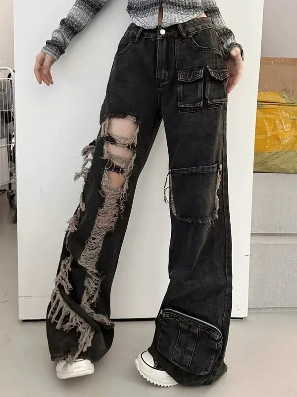 Pantalones vaqueros Cargo Y2k para mujer, Jeans holgados Harajuku de los años 2000, rasgados, estéticos, Punk, de gran tamaño, ropa Emo Vintage