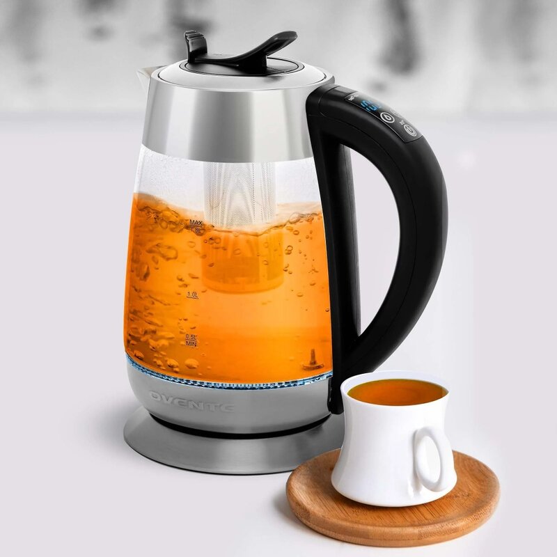 Ketel teh listrik kaca 1.8 Liter, Ketel teh listrik tanpa kabel, penutup otomatis