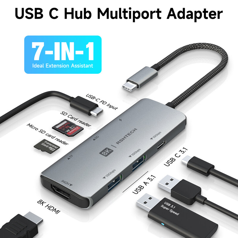 RSHTECH-Hub USB C 8K HDMI 10gbps, velocidad de transferencia de datos, 100W, entrega de energía con lector de tarjetas SD/TF, estación de acoplamiento de USB-C, 4K @ 120Hz