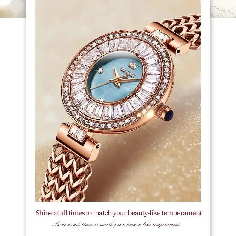 แบรนด์หรูของ OLEVS นาฬิกาควอตซ์สแตนเลสสตีลนาฬิกาผู้หญิงหรูหราและโรแมนติกทองคำสีกุหลาบเพชรนาฬิกาผู้หญิง