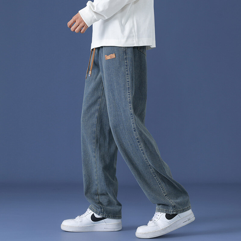 جينز فضفاض على الموضة الكورية للرجال ، خصر مرن ، كلاسيكي ، مستقيم ، ساق واسعة ، بنطلون جينز ، جينز غير رسمي للذكور ، ملابس الشارع ،