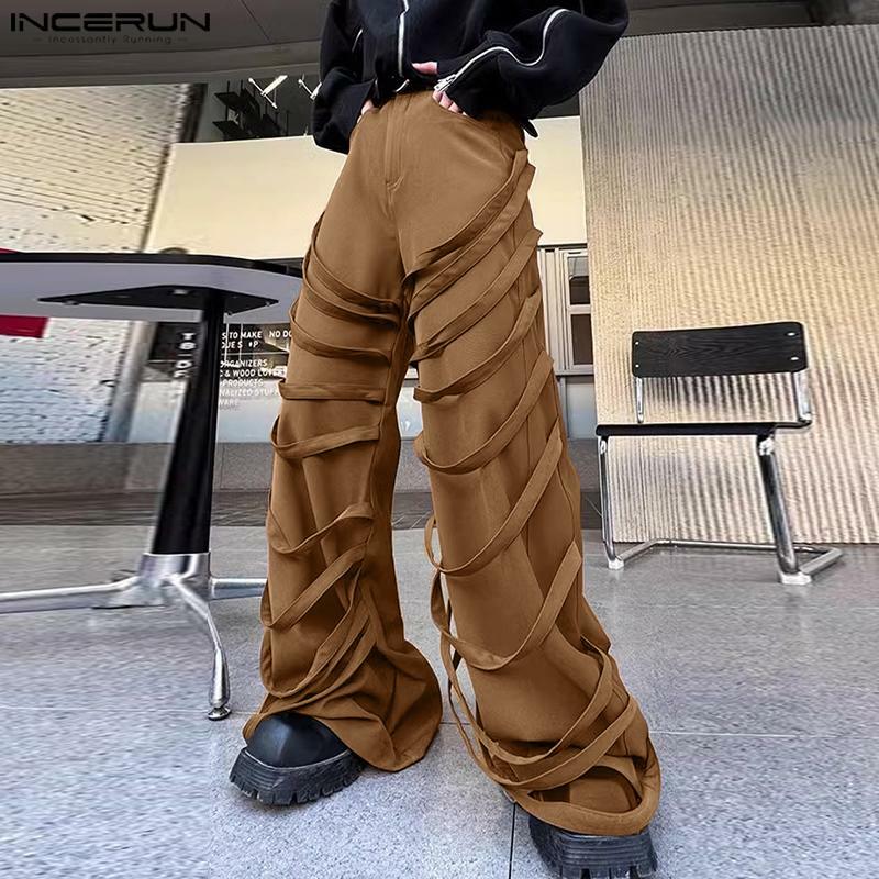 INCERUN 2024 Korean Style Trousers Stylish Men Personality Tie Belt Decorative Pant Streetwear Male Straight Leg Pantalons S-5XL