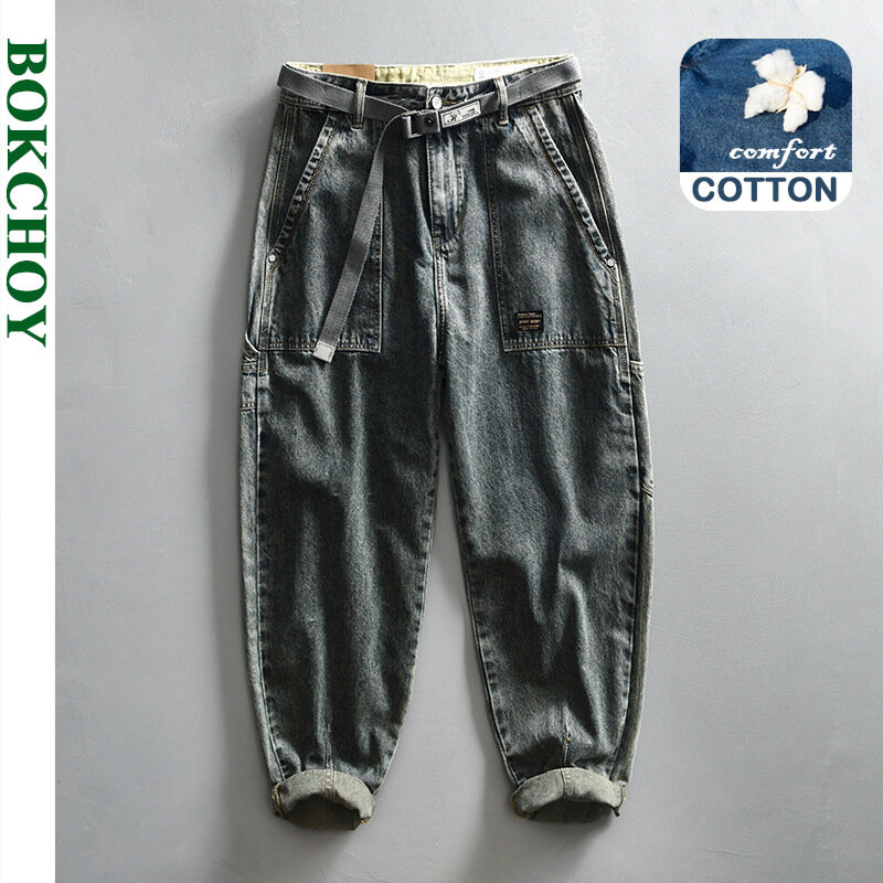Новинка Весна 2024, винтажные зауженные прямые джинсы для мужчин, одежда, карго из мягкого хлопка, Повседневная Уличная одежда, мужские брюки KK1035