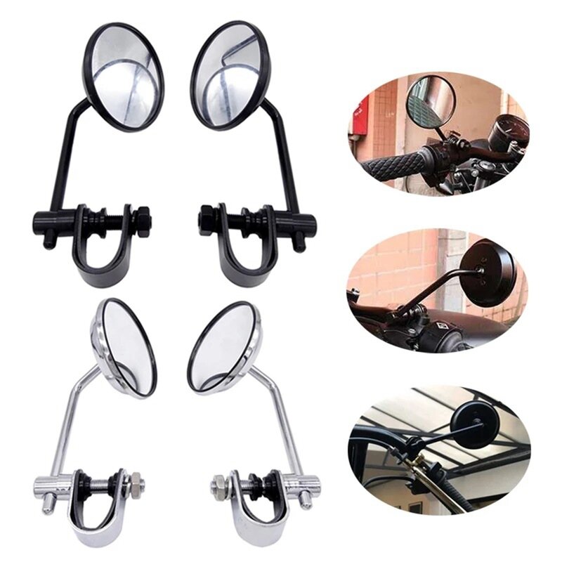 1Pair 8mm Black Motorcycle Stainless Steel Back View Mirror Classic Retro Vintage Round Rearview Mirror