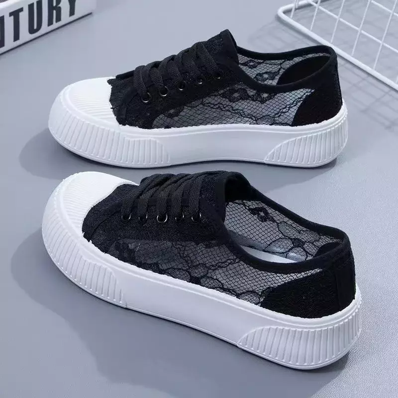 Summer Women Lace Casual Shoes Woman Breathable Mesh Sneakers Flats Platform Floral Loafers Comfort Shallow Walking Black Shoes
