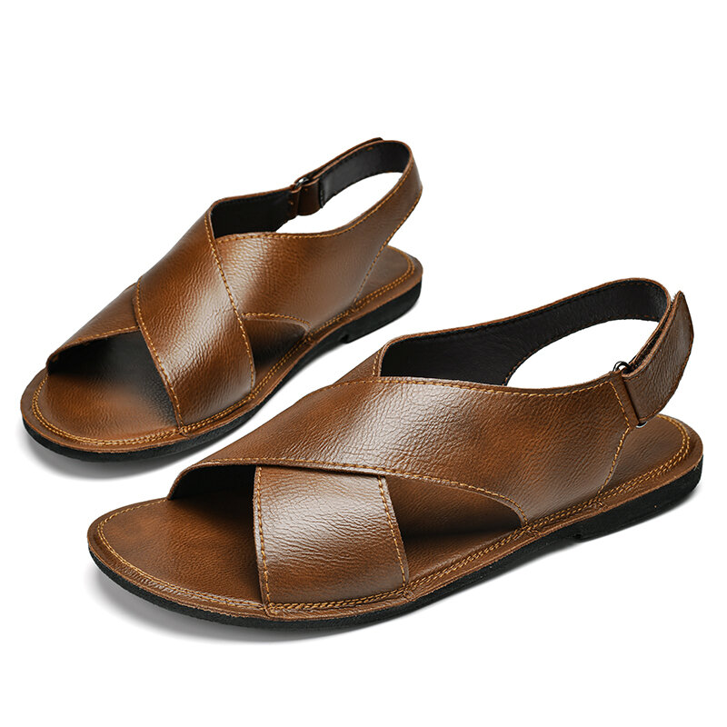 Sandálias retrô feitas à mão masculinas, couro genuíno respirável, sapatos casuais ao ar livre, chinelos de praia macios, verão, novo