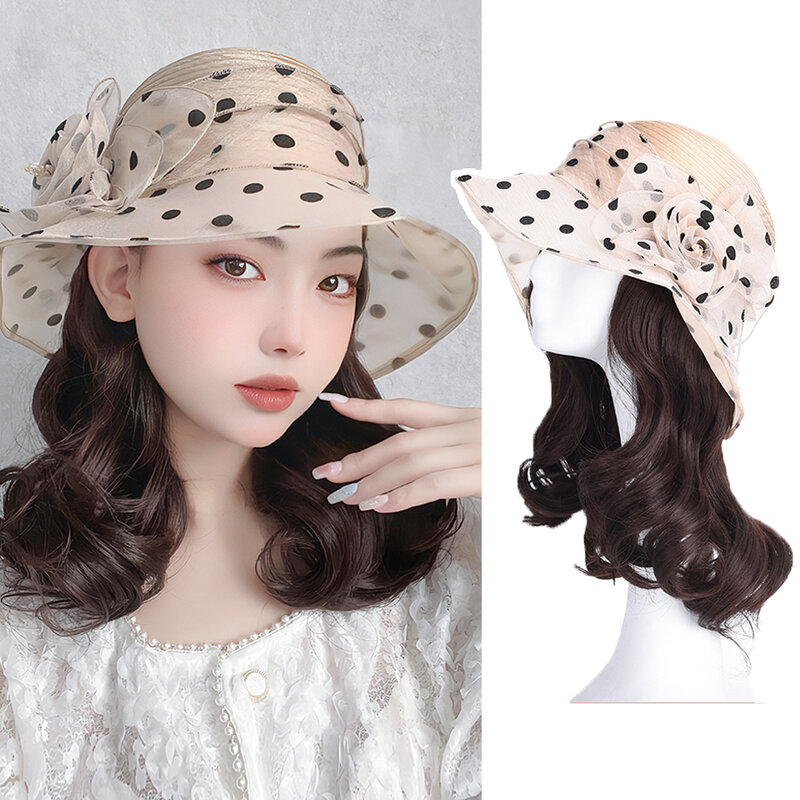 Hat Wig Integrated Synthetic Pear Flower Roll Elegant Temperament British Style Flower Hat Short Curly Hair Full Head Female