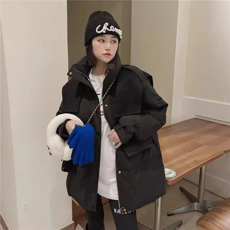 Chaqueta de plumón de pato blanco de longitud media, chaqueta de retales de lana, cintura suelta y gruesa, versión coreana, nuevo estilo de invierno