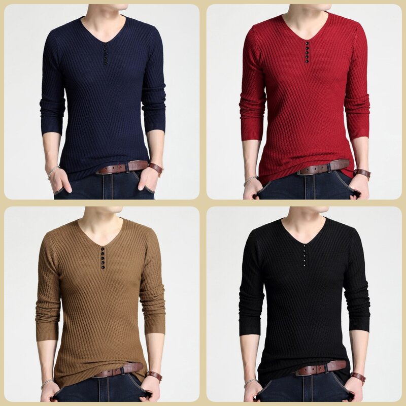 Liseaven Autumn Winter Men's Solid Color Sweater V-Neck Pullovers Mens Pull Homme Clothing Men Sweaters
