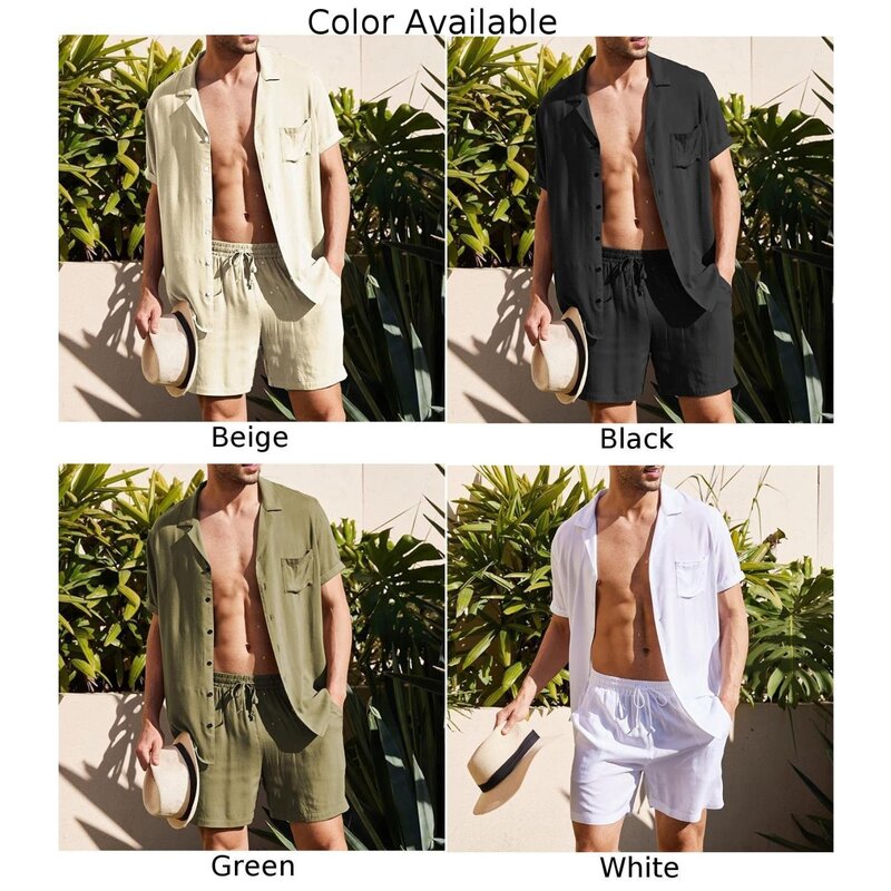 Pakaian pria atasan celana pendek Hawaii longgar motif pria kasual katun campuran kemeja lengan pendek setelan kaus musim panas