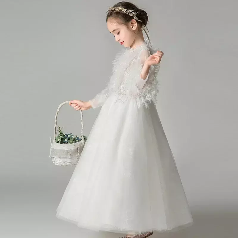 Children's dress, princess dress, flower girl white fluffy gauze, long sleeved dinner party girl's birthday, dignified walking