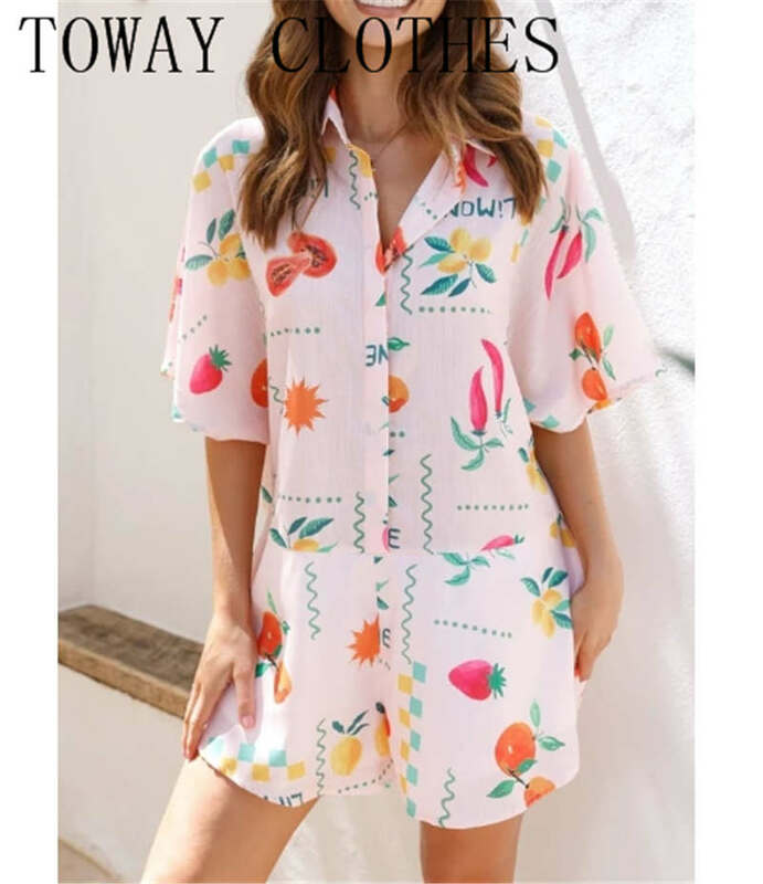 Women Summer Turn Down Collar Print Wide Leg Causal Romper and Playsuit 2024 Chic Female One Piece Suit Jumpsuit