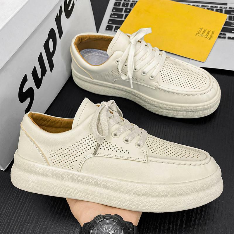 Spring and Autumn Sneakers Men's Soft-Soled Running Shoes for Boys Leather Facing Wear-Resistant Travel Shoes Korean Style Fashi