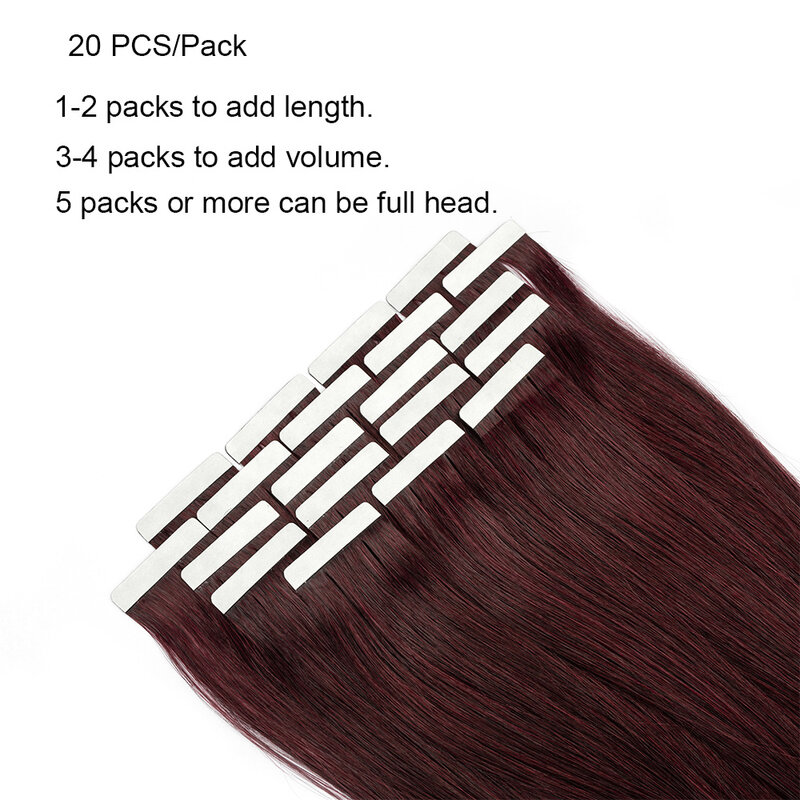 Extensões de cabelo com fita reta para mulheres, cabelo humano, sem costura, invisível, Borgonha, extensão do cabelo, vinho tinto, # 99j