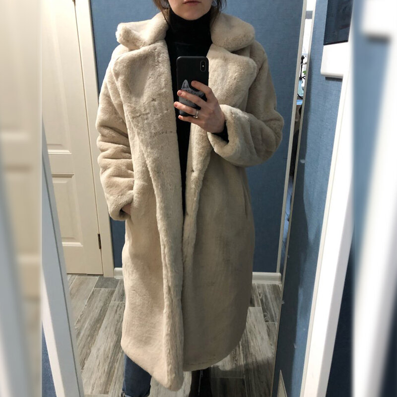 Mantel bulu kelinci buatan wanita, mantel panjang tebal kerah longgar tebal hangat lengan panjang ukuran besar untuk musim dingin