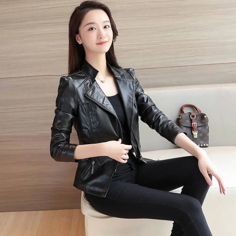 2023 Spring Fall women's Black faux leather jacket short slim-fit PU jacket motorcyclist jacket