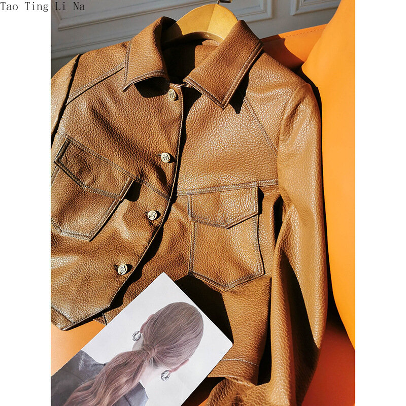 Tao Ting Li Na-abrigo de piel de oveja Real para mujer, chaqueta de cuero de espuma, W5