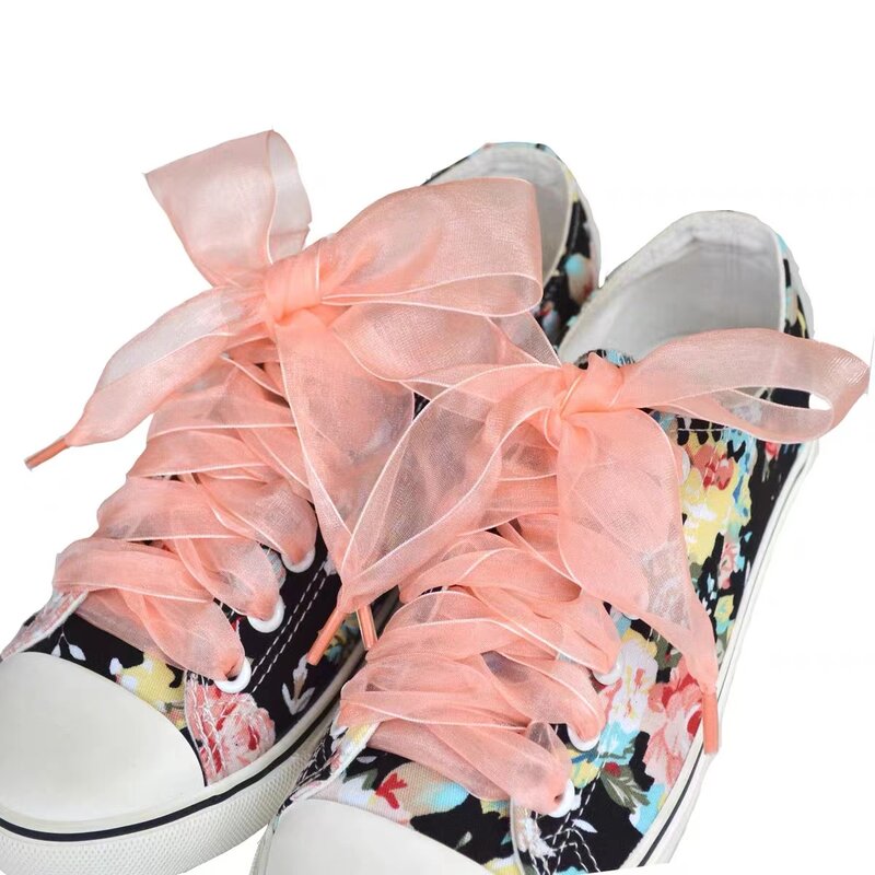 1 Pair 4cm Widened Flat Silk Satin Ribbon Shoestrings Organza Chiffon Yarn Big Bow Wide Laces For Casual Canvas White Shoelaces
