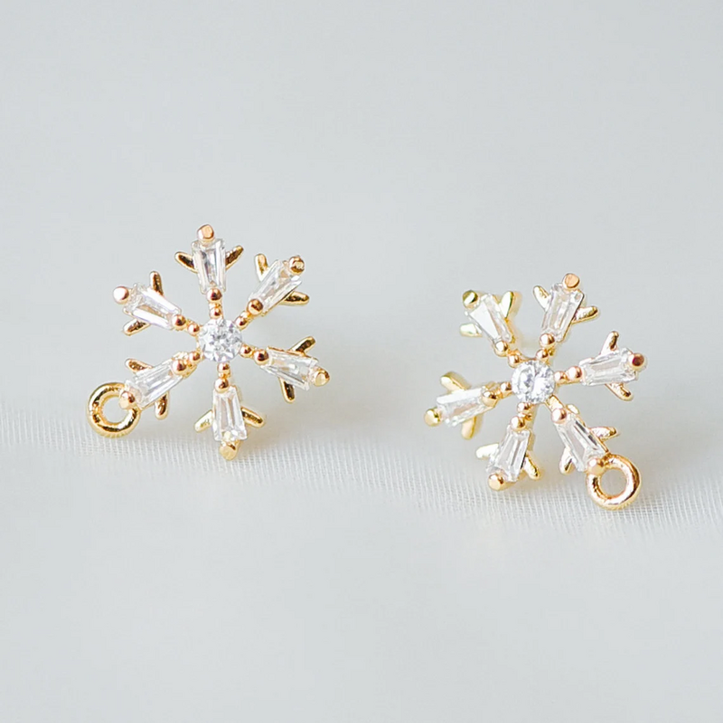 8pcs CZ Pave Snowflake Earring with Loop, 12mm, Real Gold Plated Copper Earrings, Sterling Silver Pin