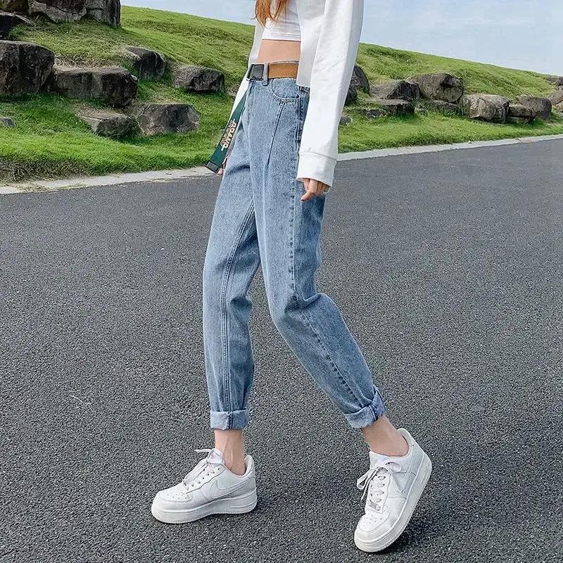 Harlan Jeans Wanita Pinggang Tinggi 2021 Musim Semi dan Musim Gugur Siswa Baru Versi Korea Liar Longgar dan Tipis Celana Ayah Lurus