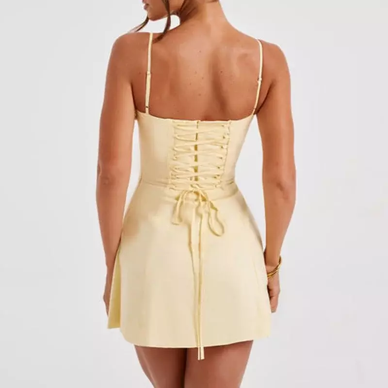 Gaun mini tanpa lengan tanpa tali punggung elegan gaun A-line ikat depan retro peri gaun pesta malam Klub Wanita CSM49YY