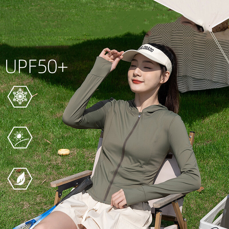 Pakaian pelindung matahari wanita UPF50 + jaket tabir surya, mantel seksi blok sinar Ultraviolet, es ramping terasa keren di luar ruangan, lapangan perjalanan