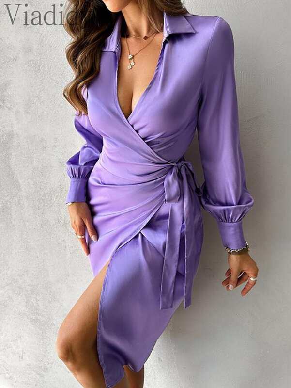 Women Sexy Solid Color Irregular Long Sleeve Slit Ruched Satin Shirt Dress
