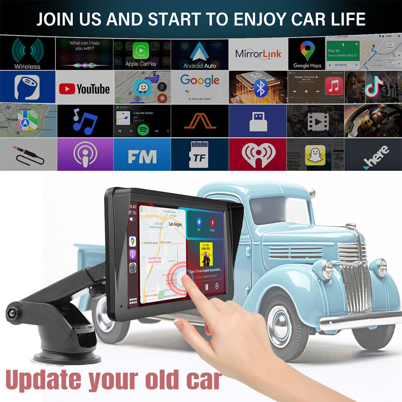 Leitor de vídeo multimídia automotivo, CarPlay universal, Android, Auto, Rádio, 7 ", Portátil, Tela sensível ao toque, USB, AUX, Câmera de visão traseira