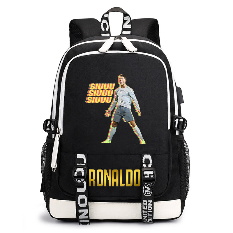 Ronaldo tas sekolah motif, tas ransel anak-anak kampus, tas bepergian luar ruangan usb, tas kasual hitam