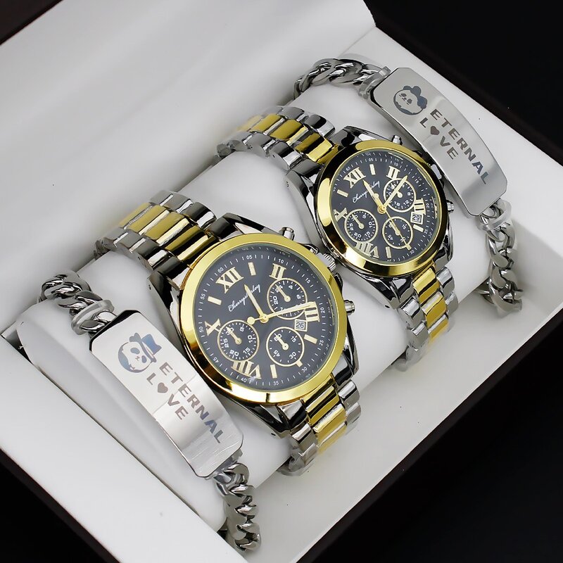 4ชิ้นคู่เซ็ตนาฬิกาผู้ชายนาฬิกาควอตซ์เหล็กสำหรับคู่รักผู้หญิงที่หรูหรานาฬิกาข้อมือ relogio feminino พร้อมสร้อยข้อมือ nesklace ของขวัญ