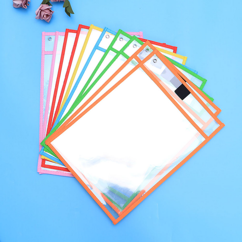 Reusable Dry Erase Pockets Assorted Colors Stationery for Office School with Pen Case PVC Transparent Write and Wipe