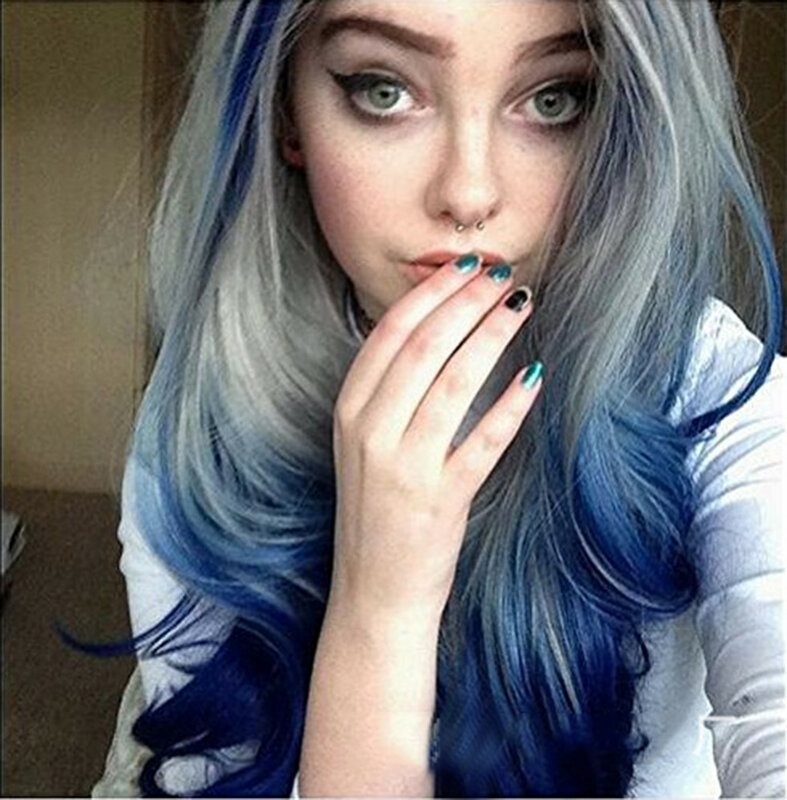 Lila Einhorn synthetische lange gewellte Perücke Ombre lila bis blau für Frauen Cosplay Halloween Perücken hitze beständige Faser Pony Haare