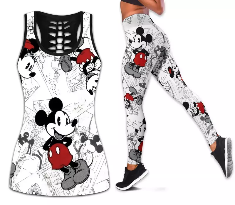 Disney-Mickey Mouse Hollow colete e leggings femininos, terno de ioga, leggings de fitness, terno esportivo, regata, conjunto legging, roupa