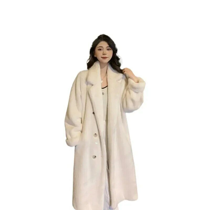 女性のための暖かい長いフェイクファーオーバーコート、厚い模造ミンクコート、韓国の高品質、豪華なエレガントな毛皮、冬